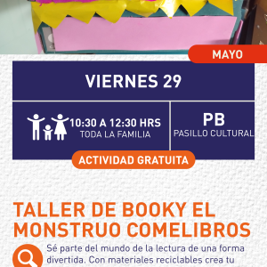 Cartel informativo mostrando un monstruo hecho con una caja y papel de colores simulando sus dientes, ojos y antenas