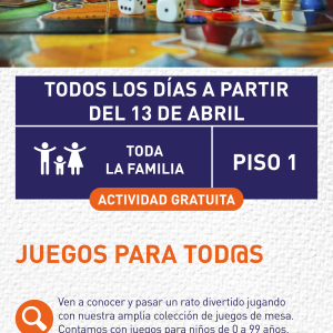 Cartel informativo mostrando una mesa llena de figuras y piezas de varios juegos