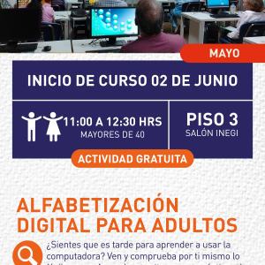 Cartel informativo mostrando a varias personas usando computadoras 
