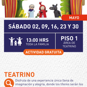 Cartel informativo mostrando un escenario donde hay 3 marionetas, las cuales son personajes del cuento de caperucita roja