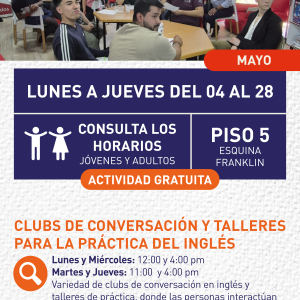 Cartel informativo mostrando a varias personas sentadas en muchas mesas dentro de un salón de clases