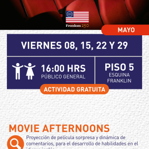 Cartel informativo mostrando una sala de cine roja