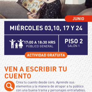 Cartel informativo mostrando a una chica de cabello rosa, sosteniendo un libro
