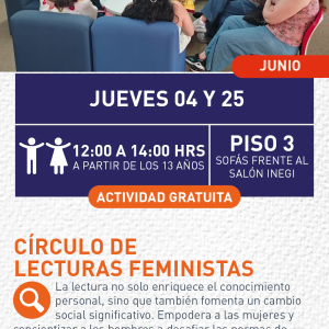Cartel informativo mostrando a varias mujeres sentadas en circulo conversando