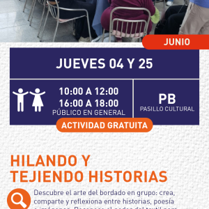 Cartel informativo mostrando a varias personas sentadas en una mesa grande haciendo trabajos de bordado