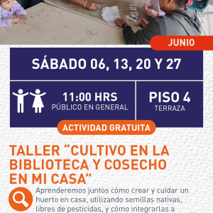 Cartel informativo mostrando a varias personas sentadas en una mesa grande en la terraza de la biblioteca
