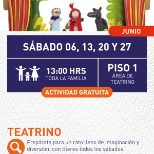 Cartel informativo mostrando un escenario donde hay 3 marionetas, las cuales son personajes del cuento de caperucita roja