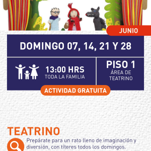 Cartel informativo mostrando un escenario donde hay 3 marionetas, las cuales son personajes del cuento de caperucita roja
