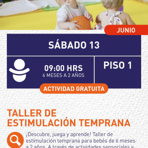Cartel informativo mostrando a varios bebés en una guardería jugando con pelotas. 