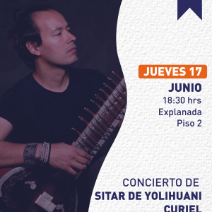 Cartel informativo mostrando el poster del artista tocando su instrumento