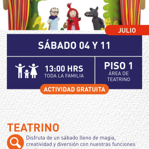Cartel informativo mostrando un escenario donde hay 3 marionetas, las cuales son personajes del cuento de caperucita roja