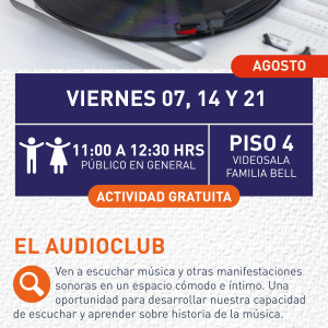 Cartel informativo mostrando un disco de vinilo siendo reproducido