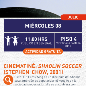 Cartel informativo mostrando un personaje de la pelicula dando un salto enorme