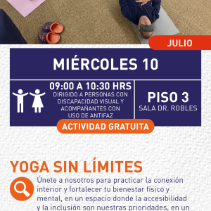 Cartel informativo mostrando a varias personas recostadas en el suelo tomando el taller de yoga