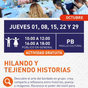 Cartel informativo mostrando a varias personas sentadas en una mesa grande haciendo trabajos de bordado