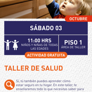Cartel informativo mostrando un niño tratando de alcanzar un sartén que esta en la cocina