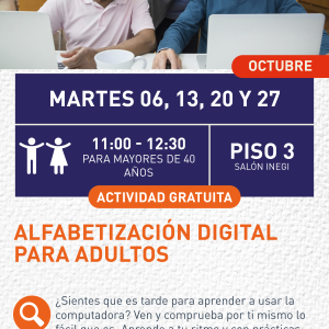 Cartel informativo mostrando a tres adultos mayores usando computadoras portátiles 