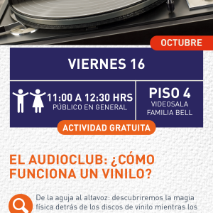 Cartel informativo mostrando un disco de vinilo en su respectivo tocadiscos