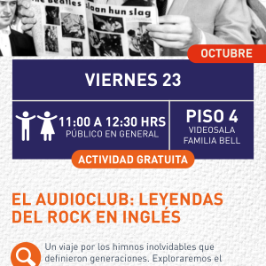 Cartel informativo mostrando una persona leyendo un articulo de The Beatles