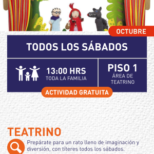 Cartel informativo mostrando un escenario donde hay 3 marionetas, las cuales son personajes del cuento de caperucita roja